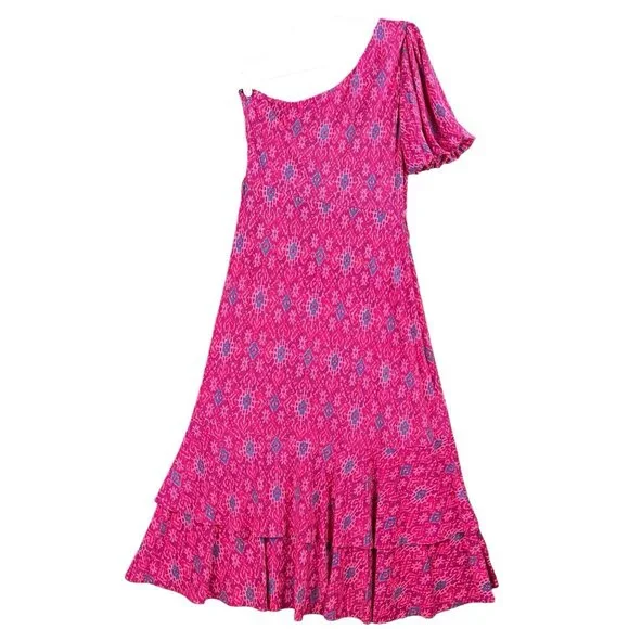 LAUREN Ralph Lauren Women Ruffle Dress Sz 10 Fuchsia Multi Geo High Low Hem NWT - Picture 2 of 14